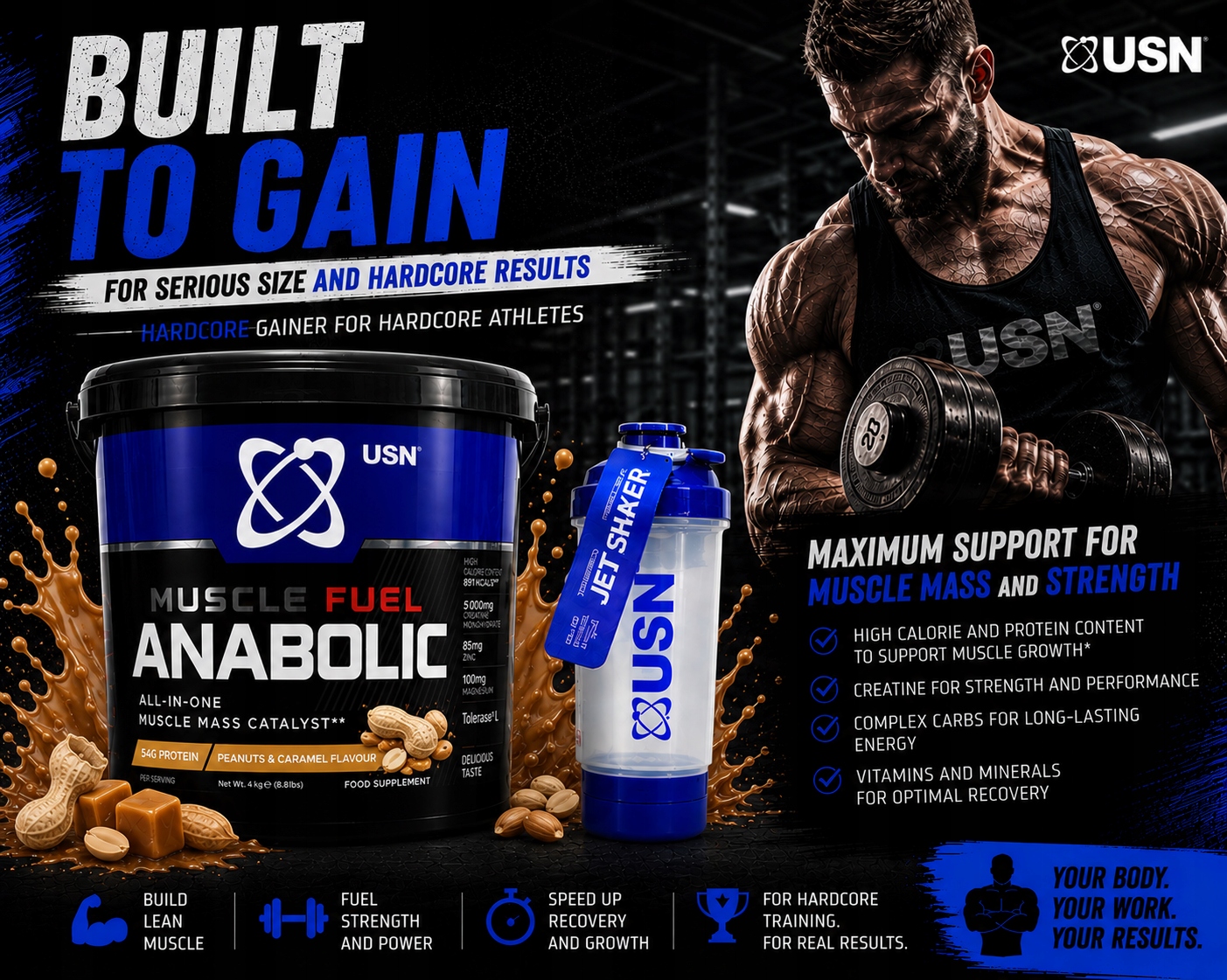 Muscle Fuel Anabolic 4000 g Usn arašídy karamel shaker Tornado
