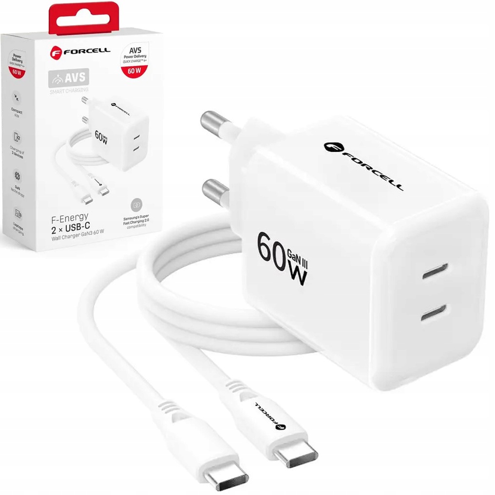 Superrychlá 60W nabíječka pro Galaxy S25/S26 Ultra, Usb-c kostka Bílá