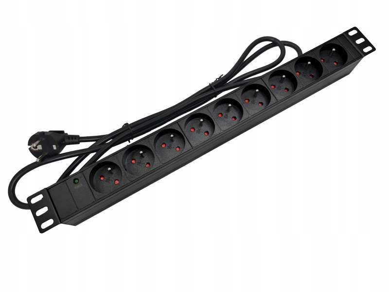 Zásuvková lišta 19" 230V 9 zásuvek (typ E Cee 7/5), s Led diodou, kabel