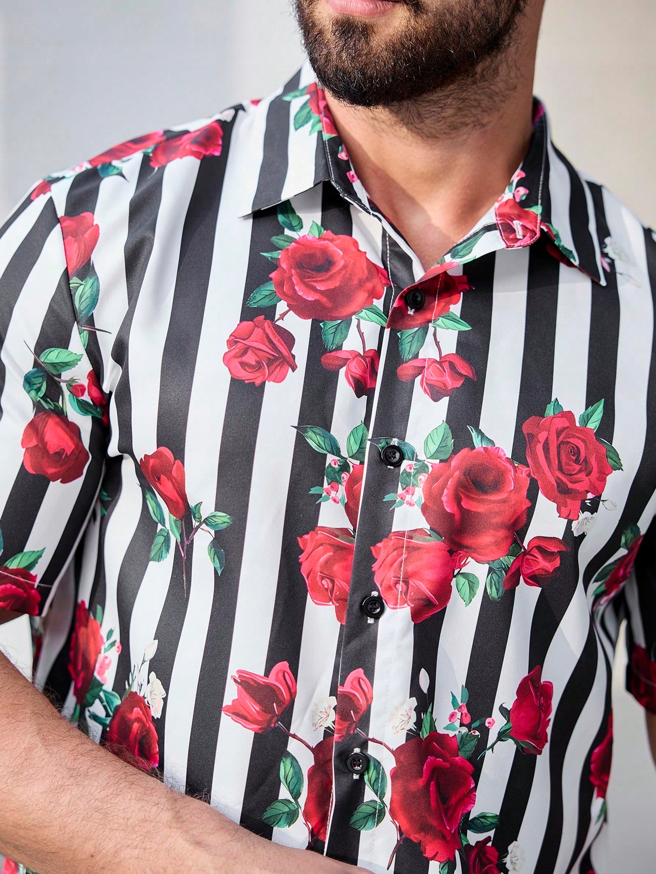 Komplet Pánská Volná Vzorovaná Košile Růžová Na Léto Casual Shein L