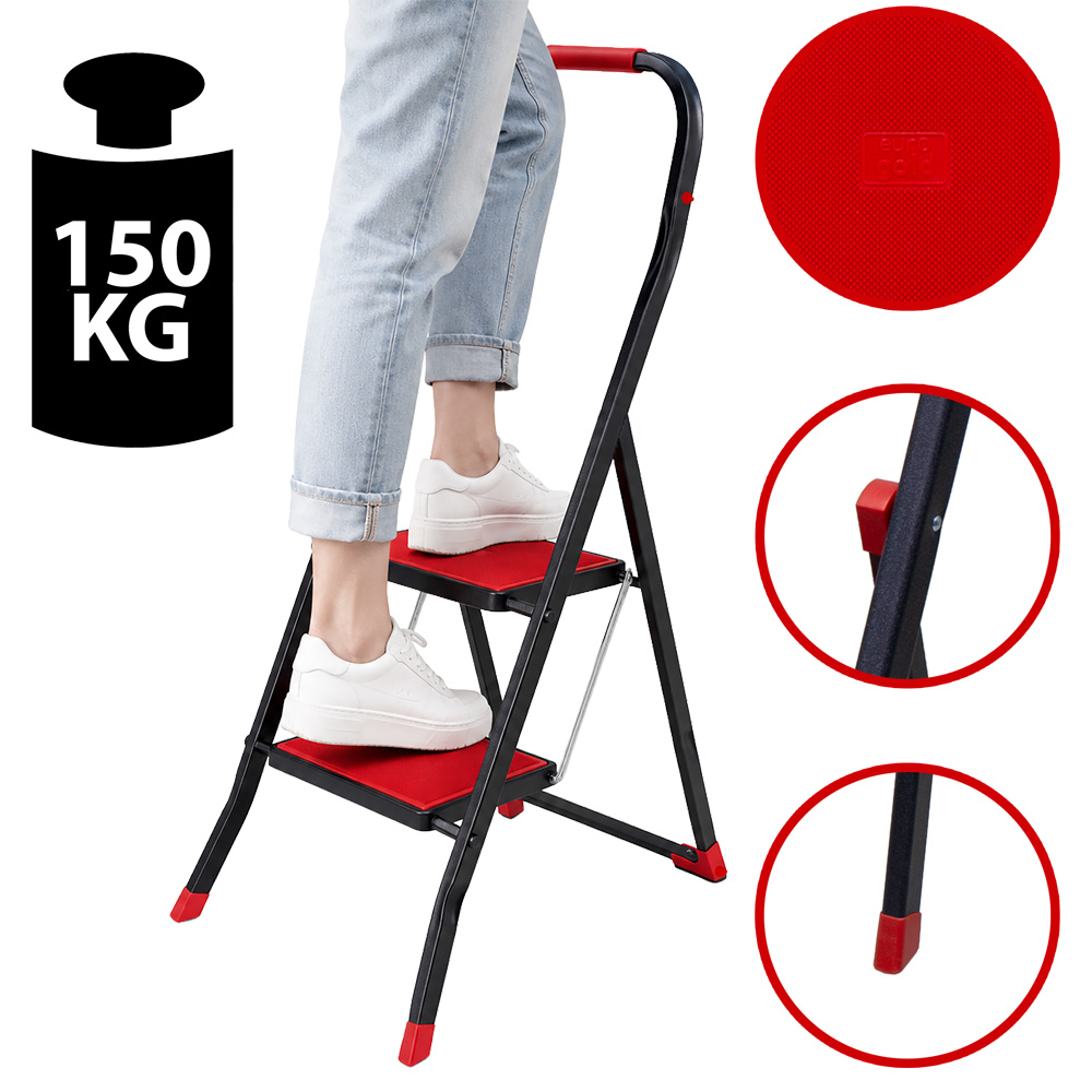 Žebřík 2-STUPŇOVÝ 150 Kg Protiskluzový Ocelový Černý Červený