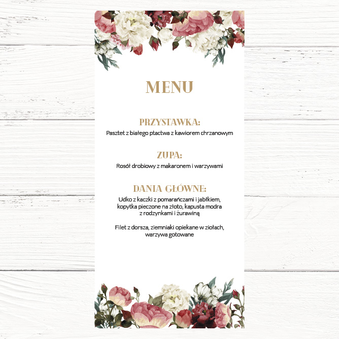 Menu Weselne styl Floral projekt nr 03, format DL, 50 szt. ślub, wesele