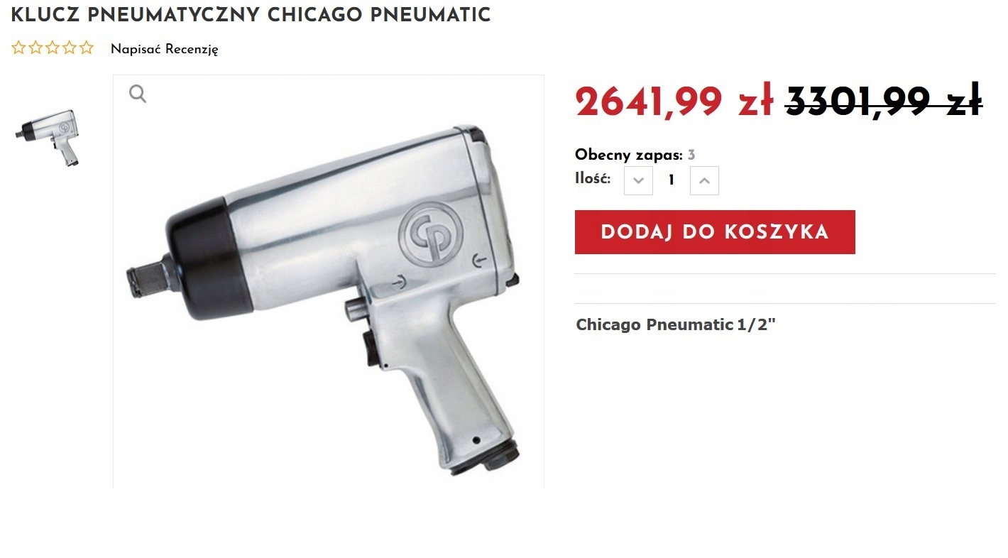 Klucz pneumatyczny Chicago Pneumatic CP 1/2 Air Impact Wrench P/L Maksymalny moment obrotowy 827 Nm