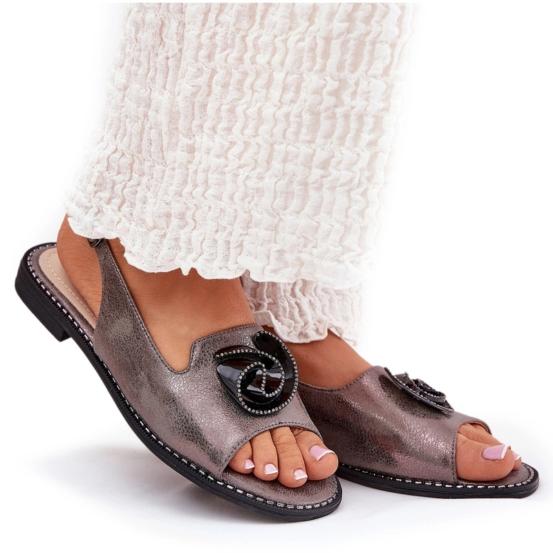 Dámské Sandály S Plochým Podpatkem, Lesklá Ozdoba S.barski KV51-006 Šedé 36