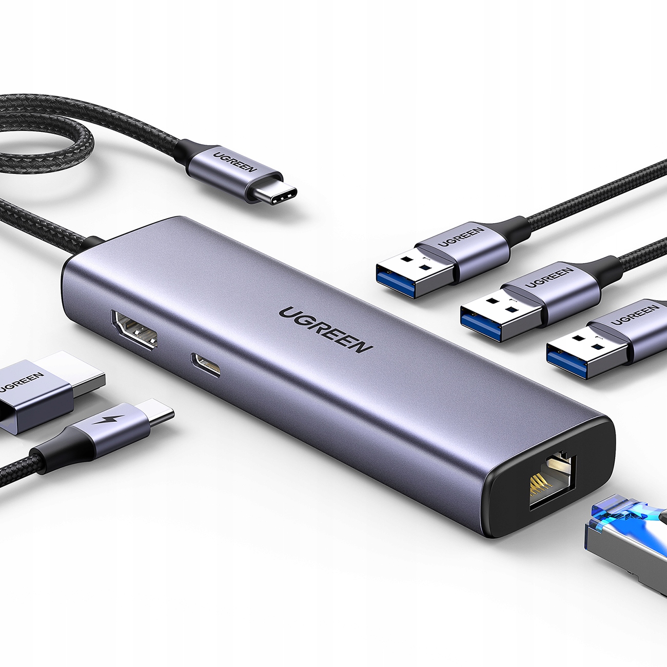 6v1 Hub adaptér Usb-c 3x Usb-a 3.0 Hdmi RJ45 Usb-c Pd šedý
