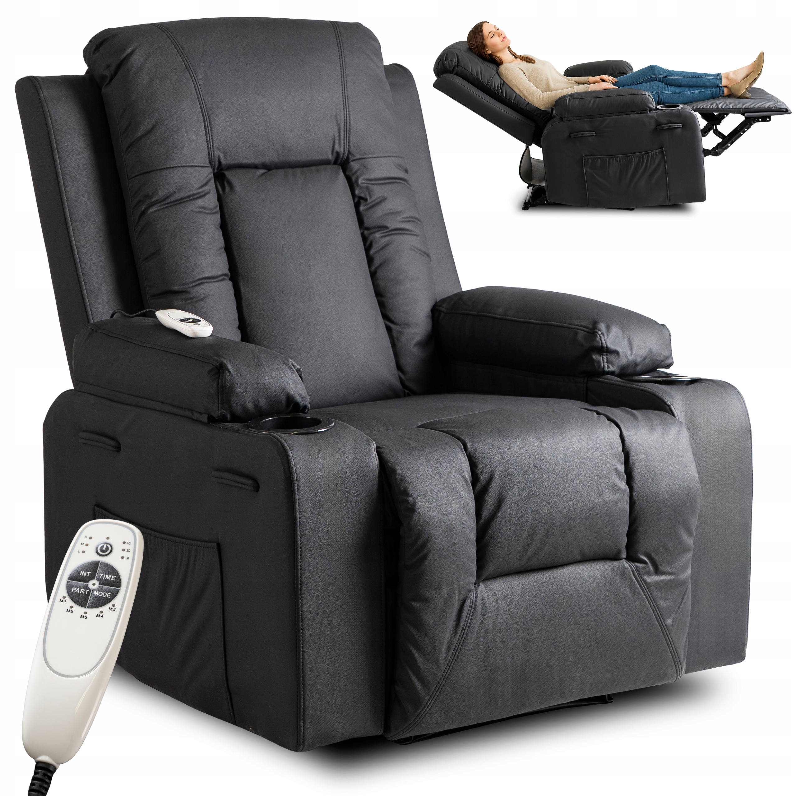Rozkládací masážní křeslo černé s podnožkou pro obývací pokoj Box
