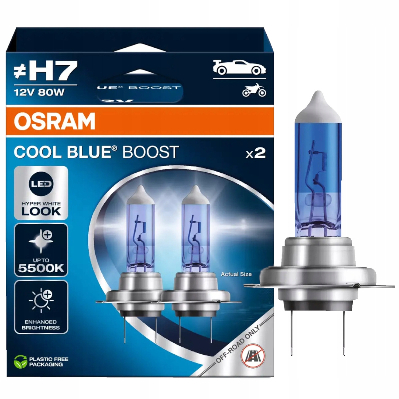2x H7 Osram Cool Blue Boost 5500K Led Hyper White Look 80W
