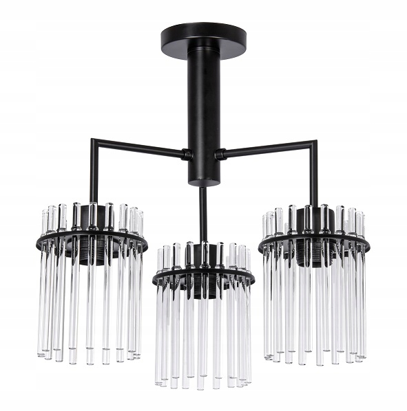 Černý trojitý lustr s průhlednými trubkovými stínítky pro obývací pokoj, stůl