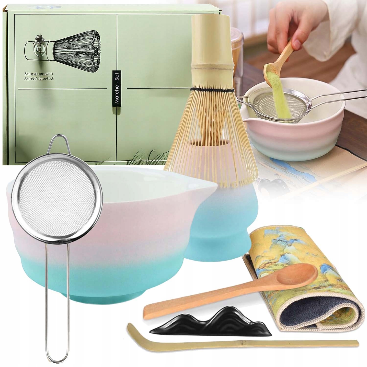 Zestaw Startowy Do Matcha Herbaty 8EL Z Piękną Czarką Miotełką +łyżką+sito