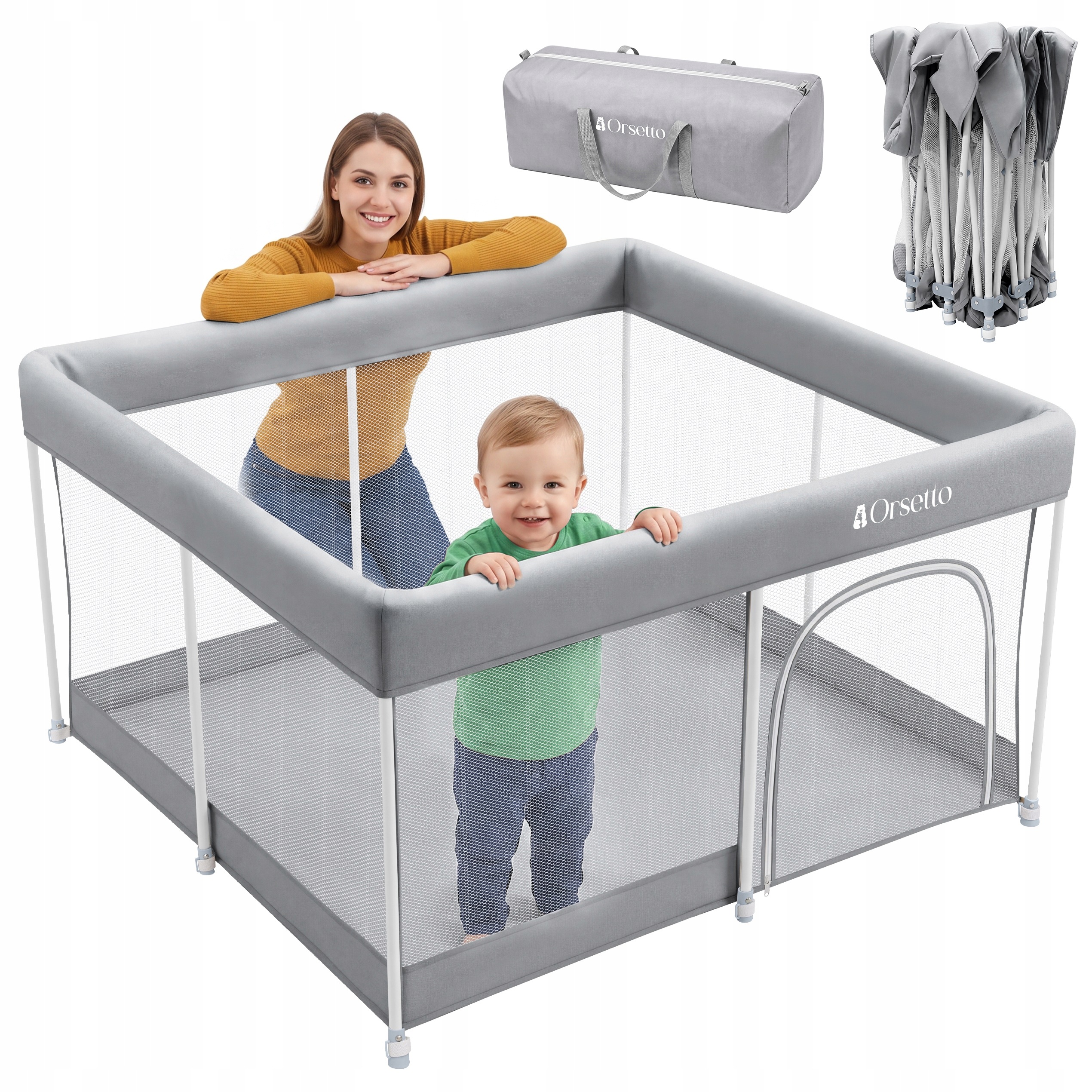 Kojec Dziecięcy 127x127 cm Automat Quick Fold Orsetto Lekki 5 Kg Szary