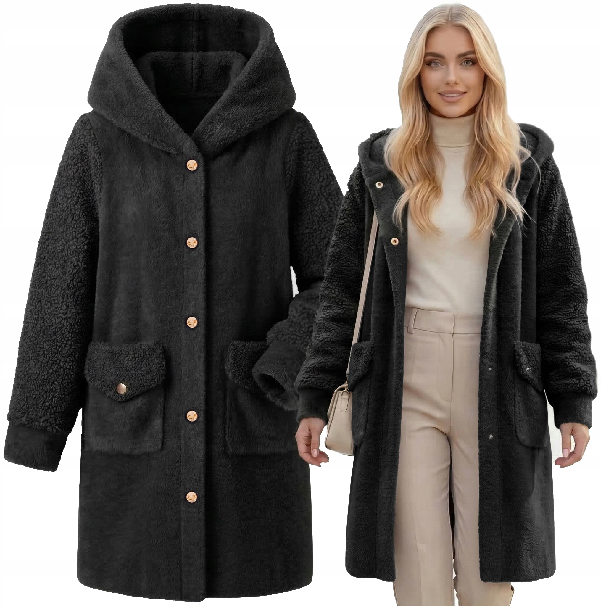 Měkká Teplá Alpaka S Beránkem, Kabát S Vlnou, Teplý, Přechodový Černý