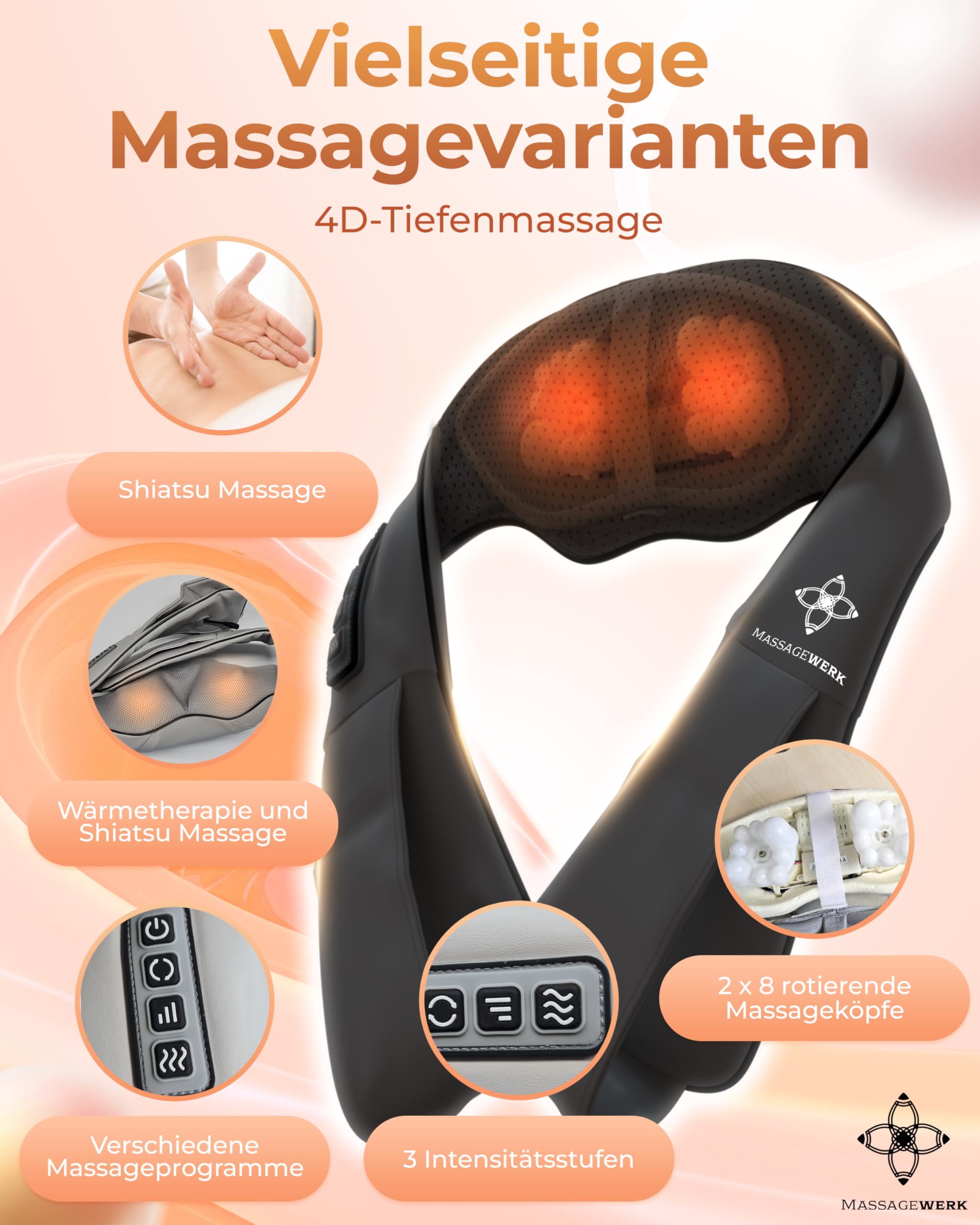 MASSAGEWERK Shiatsu Masażer Pleców i Szyi z Funkcją Podgrzewania — miniatura 6