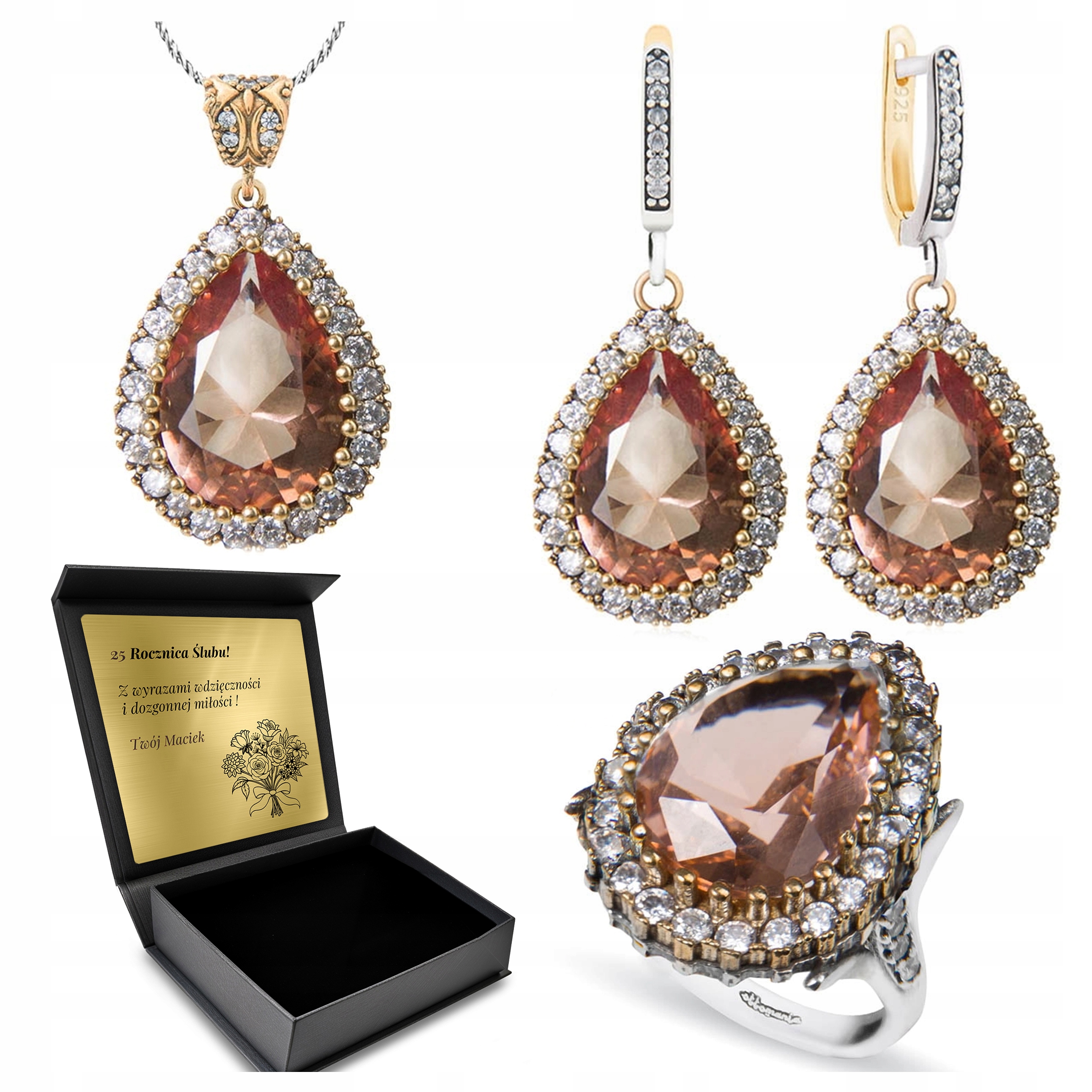 Sada Stříbrných Šperků 925 S Zirkony Zultanitem pro ženy Gravírování