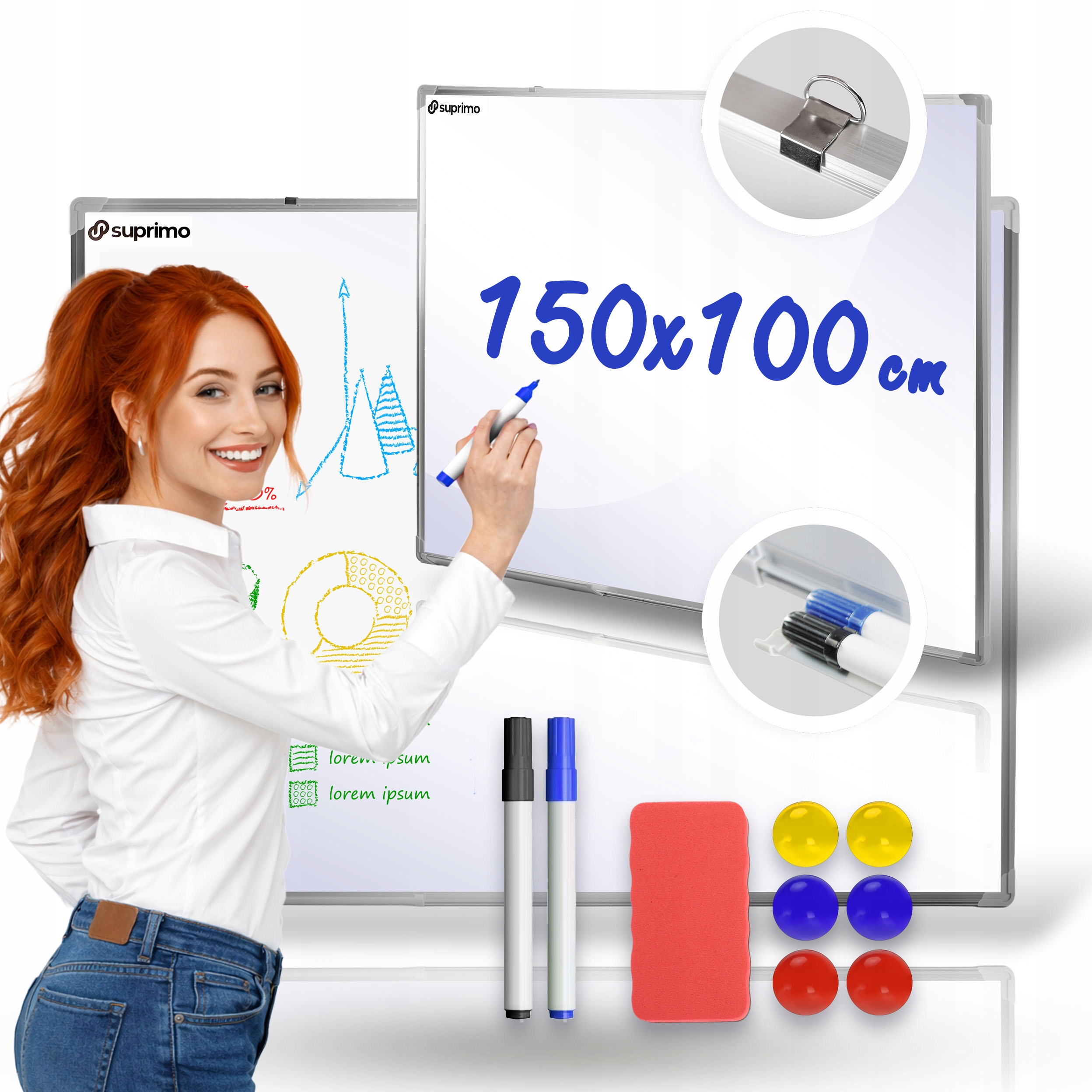 Tablica biała magnetyczna suchościeralna 150x100cm rama aluminiowa gratisy