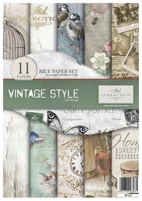 Sada 11 rýžových papírů A4 pro decoupage RP021 Vintage Style