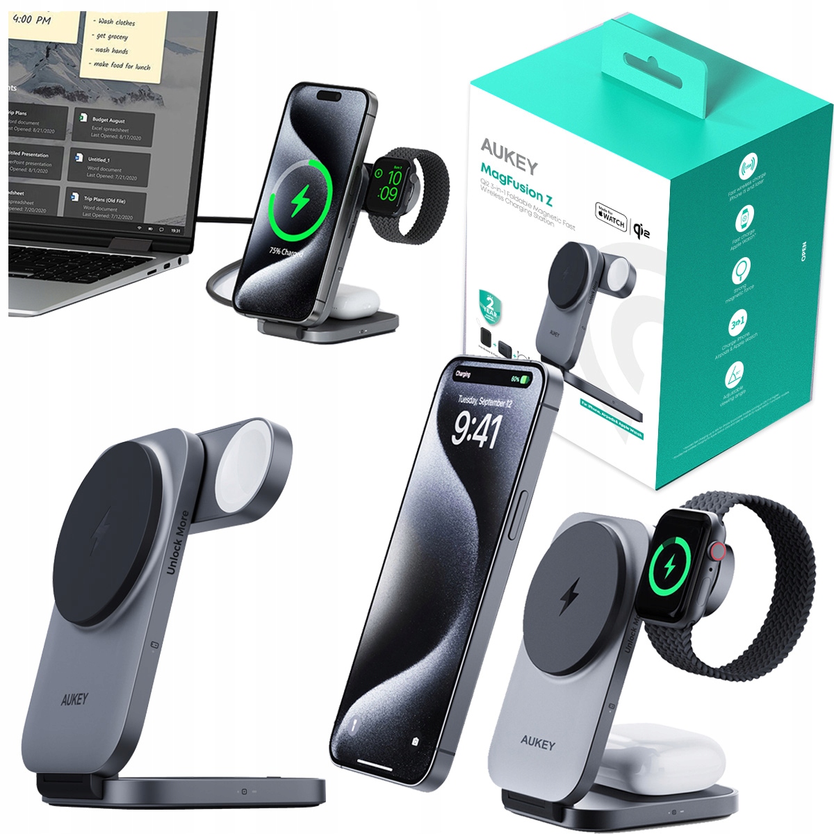 Aukey 3w1 LC-MC312 Qi2.0 15W Czarny
