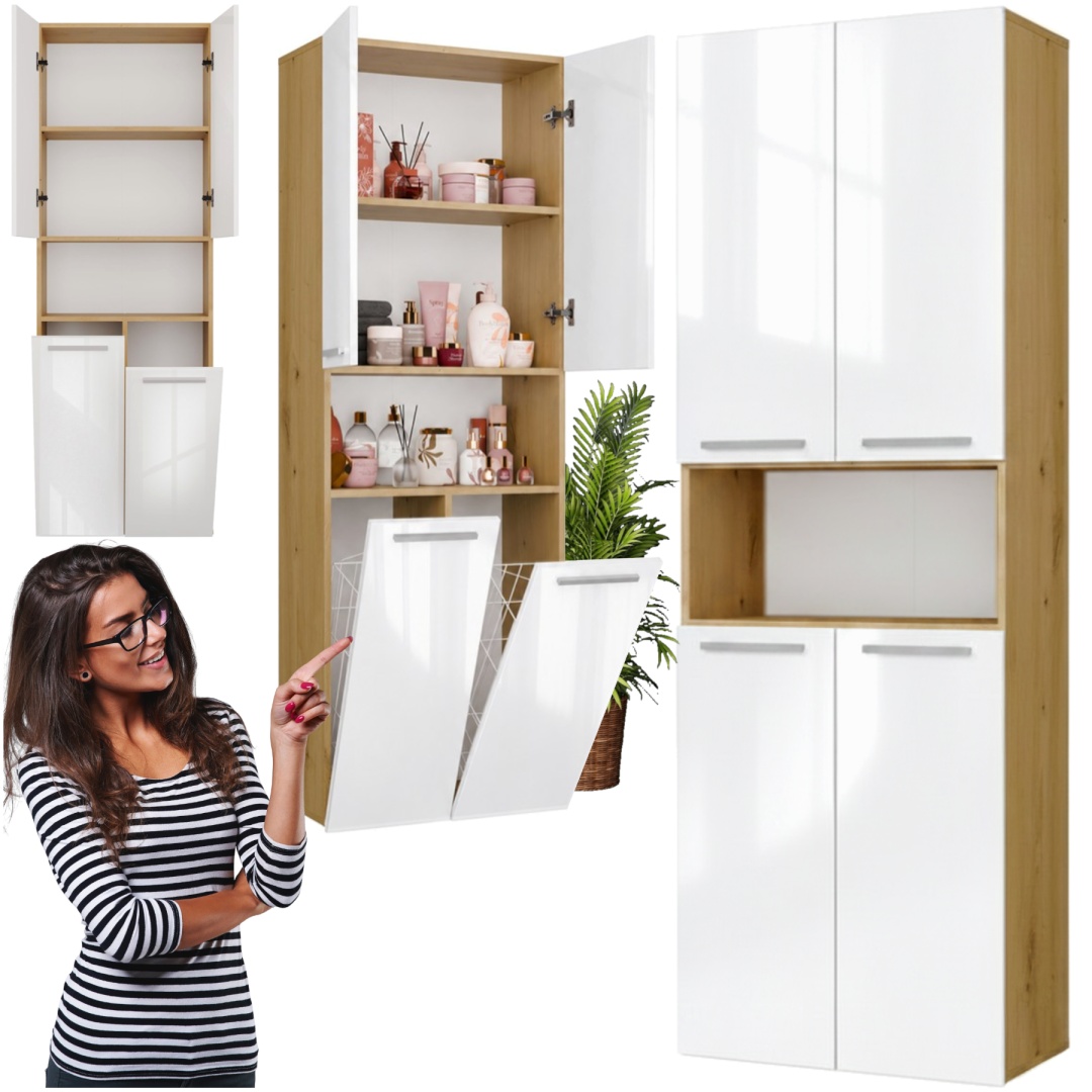 Szafka Łazienkowa Stojąca Słupek Biała Połysk Dąb Artisan z koszem Lena2KDK