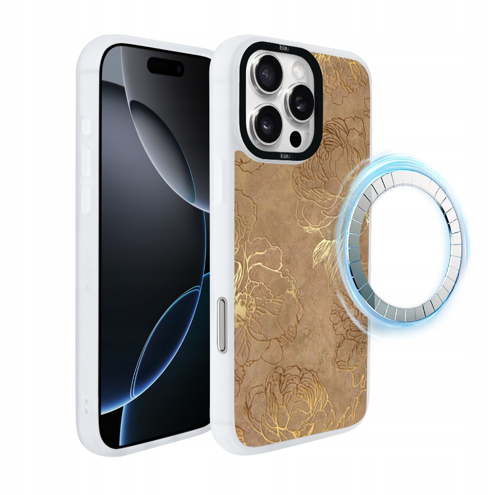 Pouzdro pro iPhone 16 Pro Ibizu DropGuard Matt s MagSafe, zlaté pivoňky, bílé