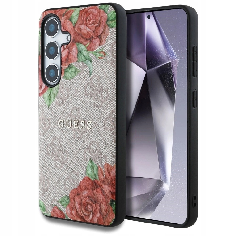 Pouzdro Guess Leather 4G Flowers MagSafe na Samsung Galaxy S25 růžové