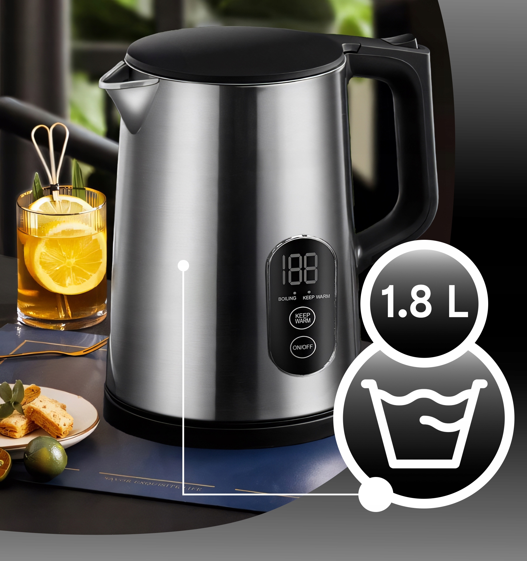 BEZDRÔTOVÁ DOTYKOVÁ RÝCHLOVARNÁ KANVICA 1800 W, REGULÁCIA TEPLOTY 1,8 L Materiál syntetický materiál