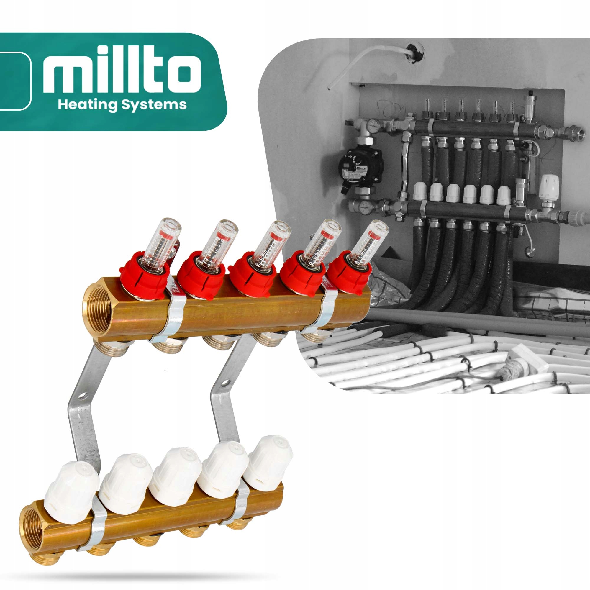 Rozdzielacz PODŁOGÓWKI CO Ogrzewania Podłogowego 5 OBWODÓW Sekcje ROTAMETRY Maksymalna temperatura robocza 70°C