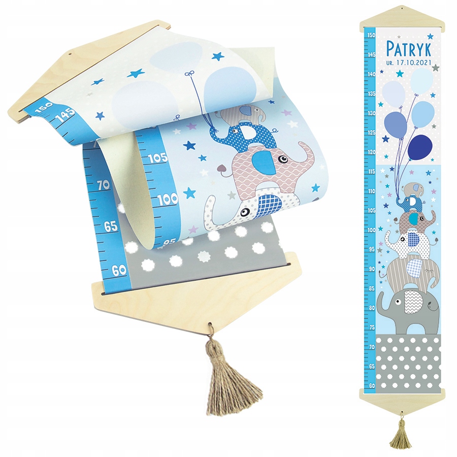 Miarka wzrostu dla dzieci na PŁÓTNIE Słonie N - Imię i data urodzenia