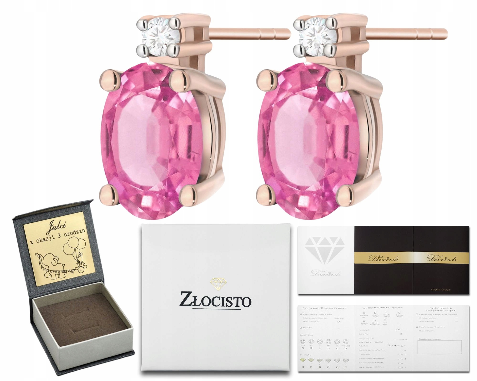 Růžové Zlato Náušnice S Růžovými Topazy A Brilianty, Zlatá Tyčinka 585