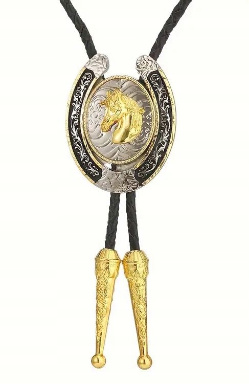 Bolo podkova se zlatými špičkami a hlavou koně, westernová kravata