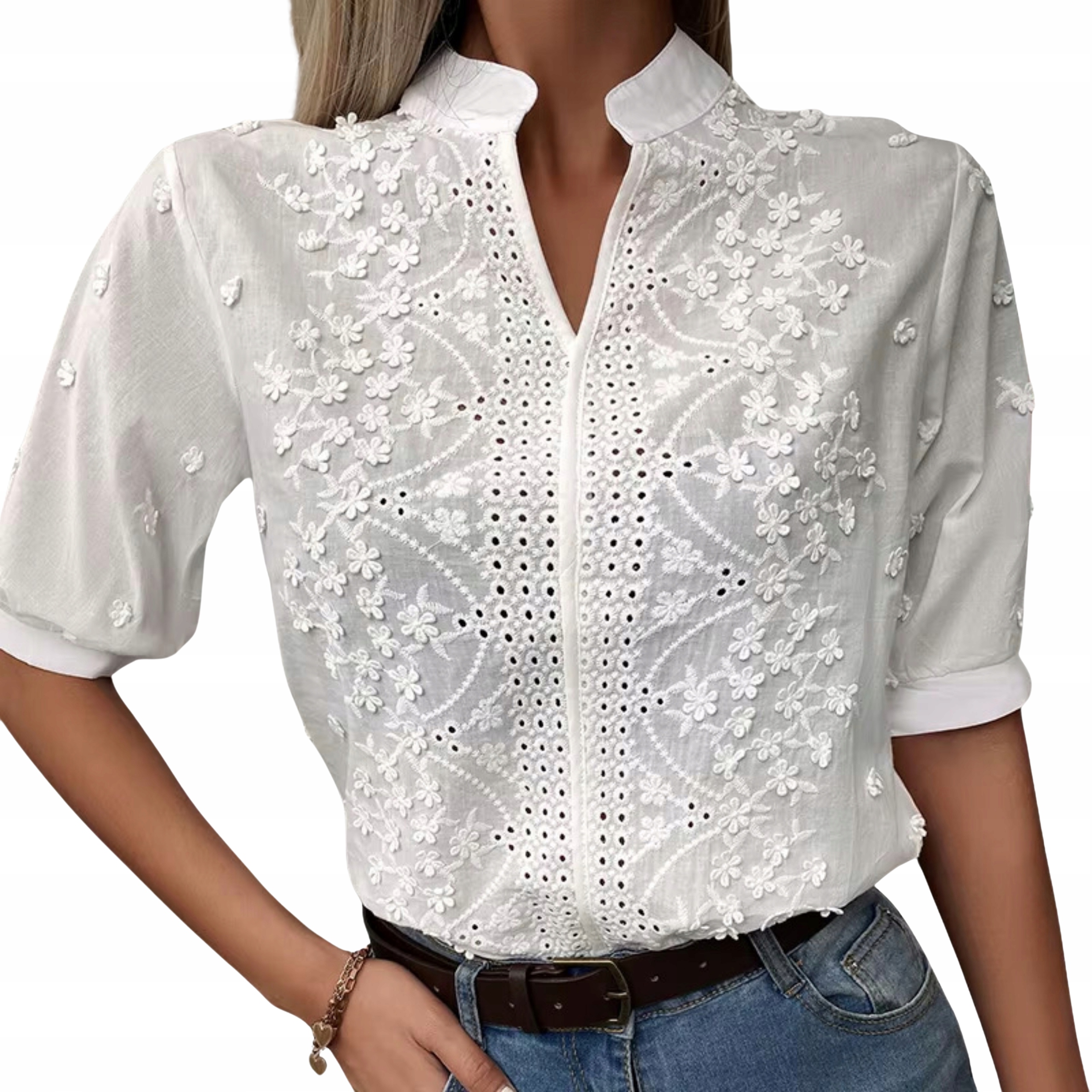 Bluzka damska z krótkim rękawem koronkowa haftowana biała letnia