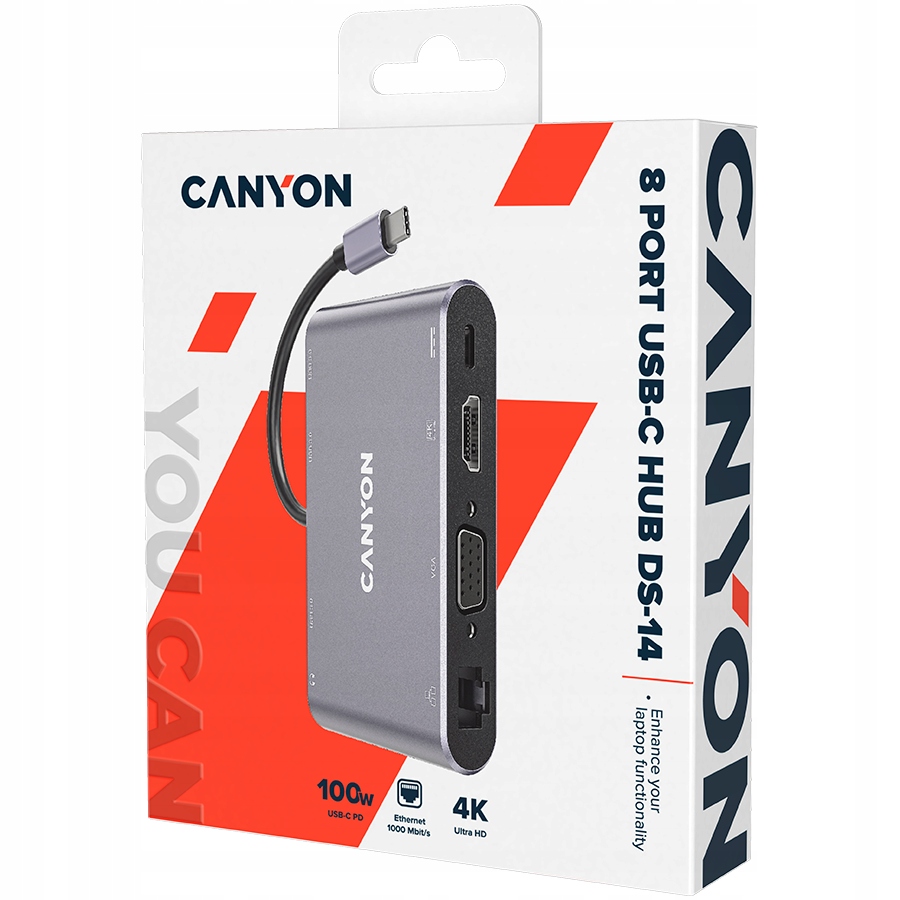 Canyon DS-14 Usb-c Hub 8v1 4K Hdmi Vga Pd 100W Šedý