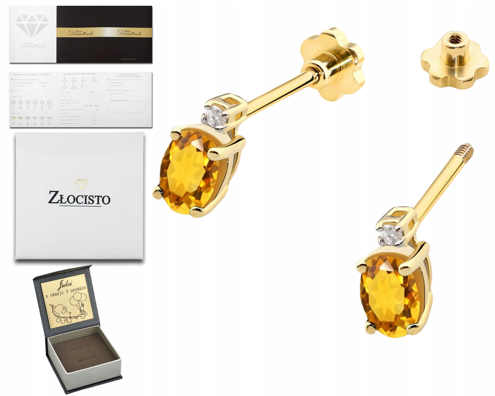 Zlaté Náušnice Přírodní Kámen Citron A Diamanty Šroubovací Tyčinka 585