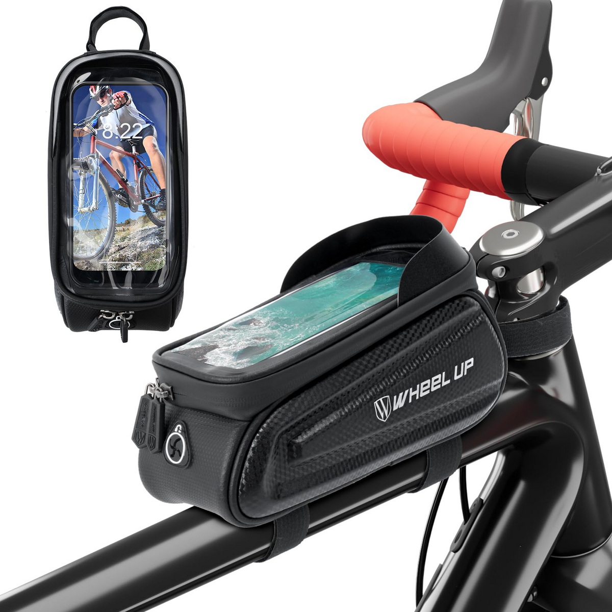 MOCNY UCHWYT ROWEROWY NA TELEFON NA RAMĘ POJEMNA TORBA 2L WODOODPORNY SAKWA