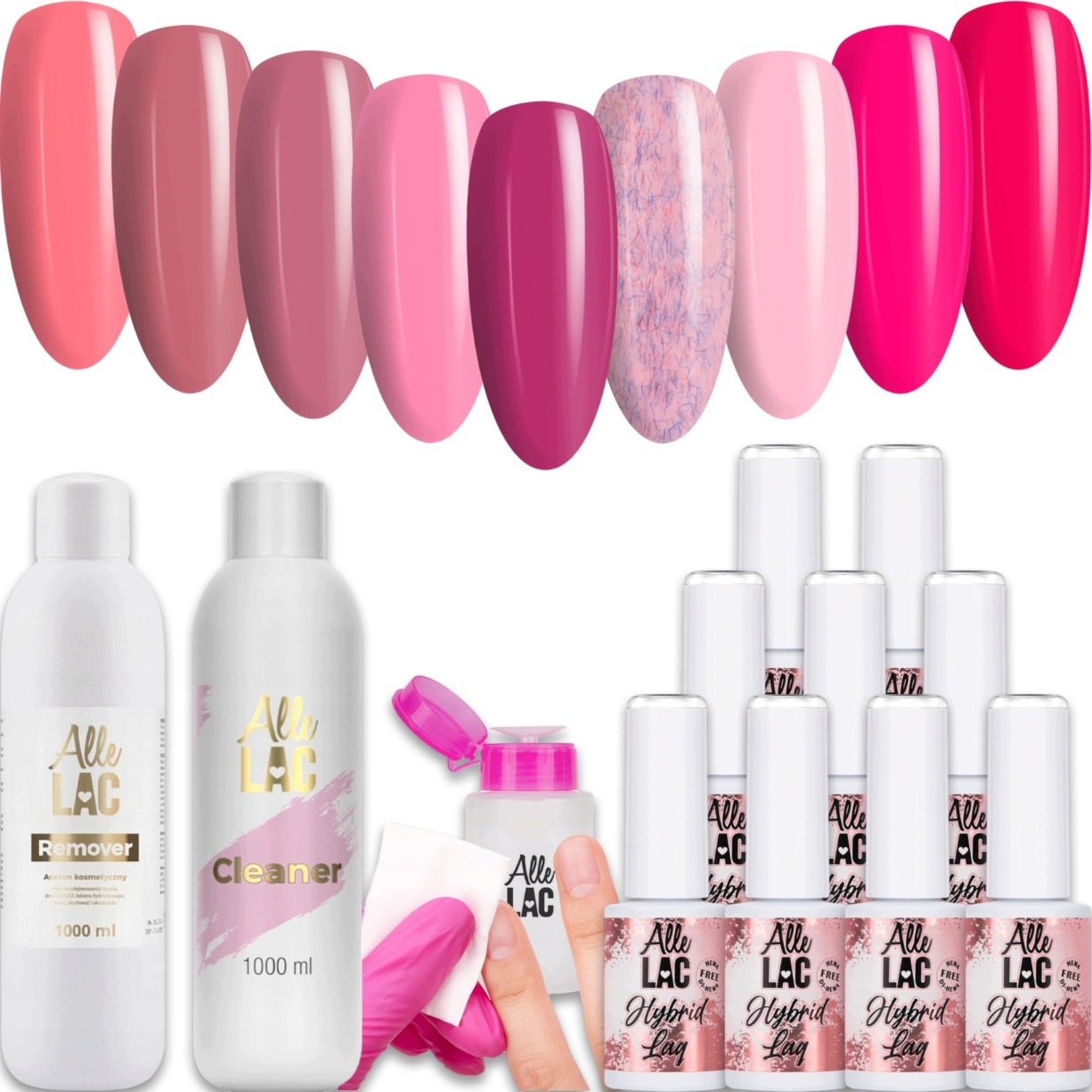 9x Hybridní lak Allelac 6g Pinks Set Cleaner Remover Dávkovač