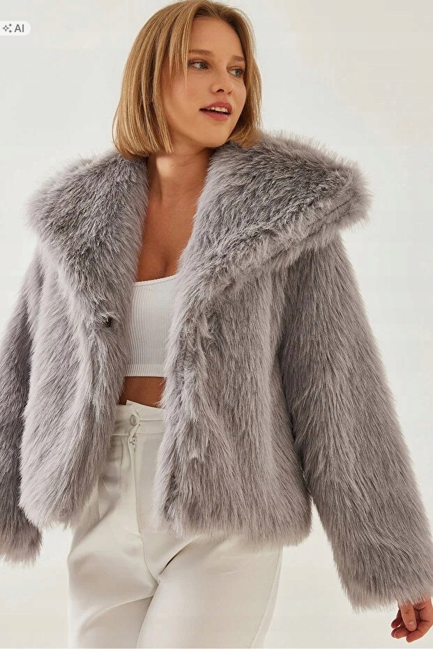Krátká Šedá Kožešinová Bunda S Kapucí Elegantní 36 5IA