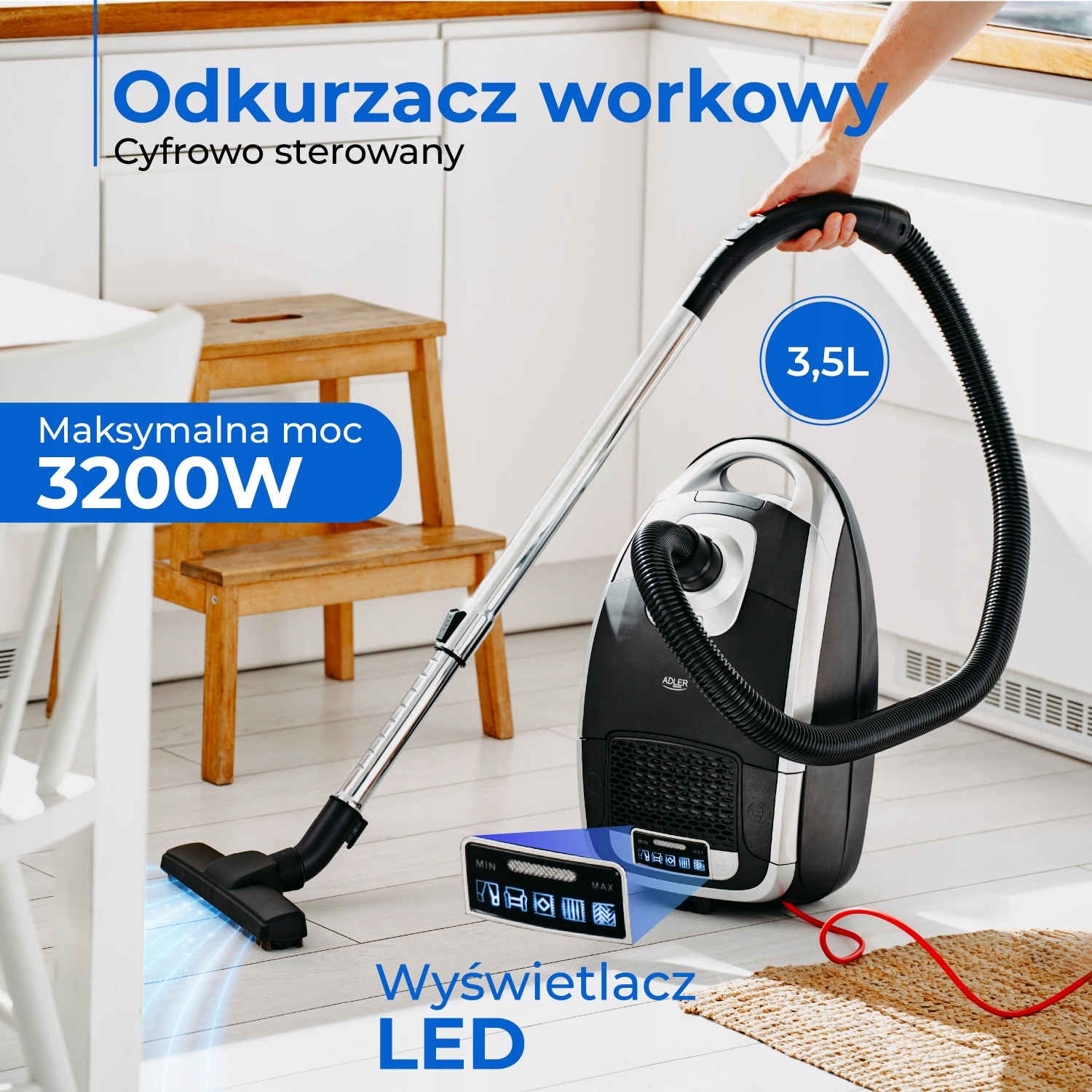 Odkurzacz Workowy Adler AD 7069 Cyfrowy 3200W 5 Programów 3,5L