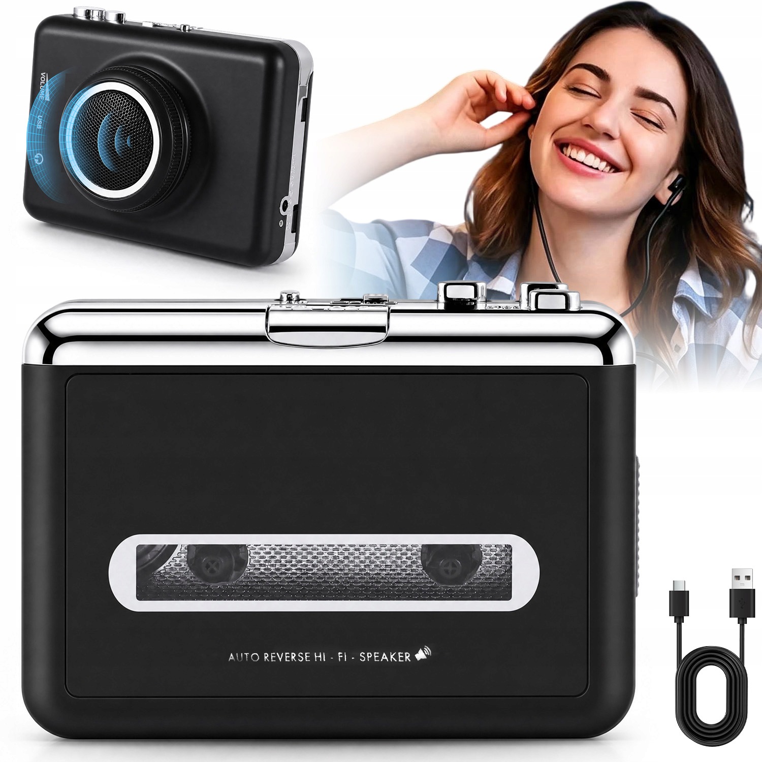 Walkman Bluetooth Nahrávání Kazety Na MP3 Usb Přenosný S Sluchátky Černý