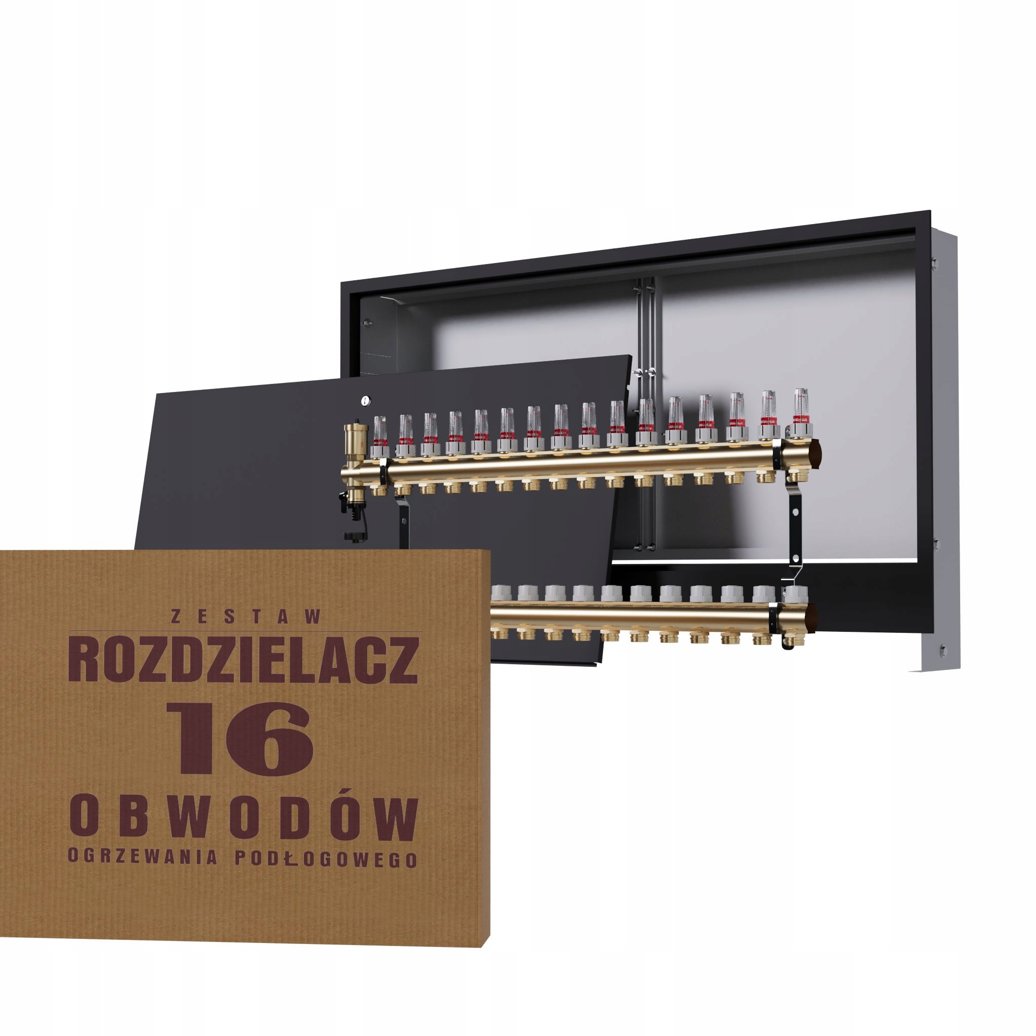 Rozdělovač pro 16-okruhovou mosaznou podlahu a podomítkový box, černý