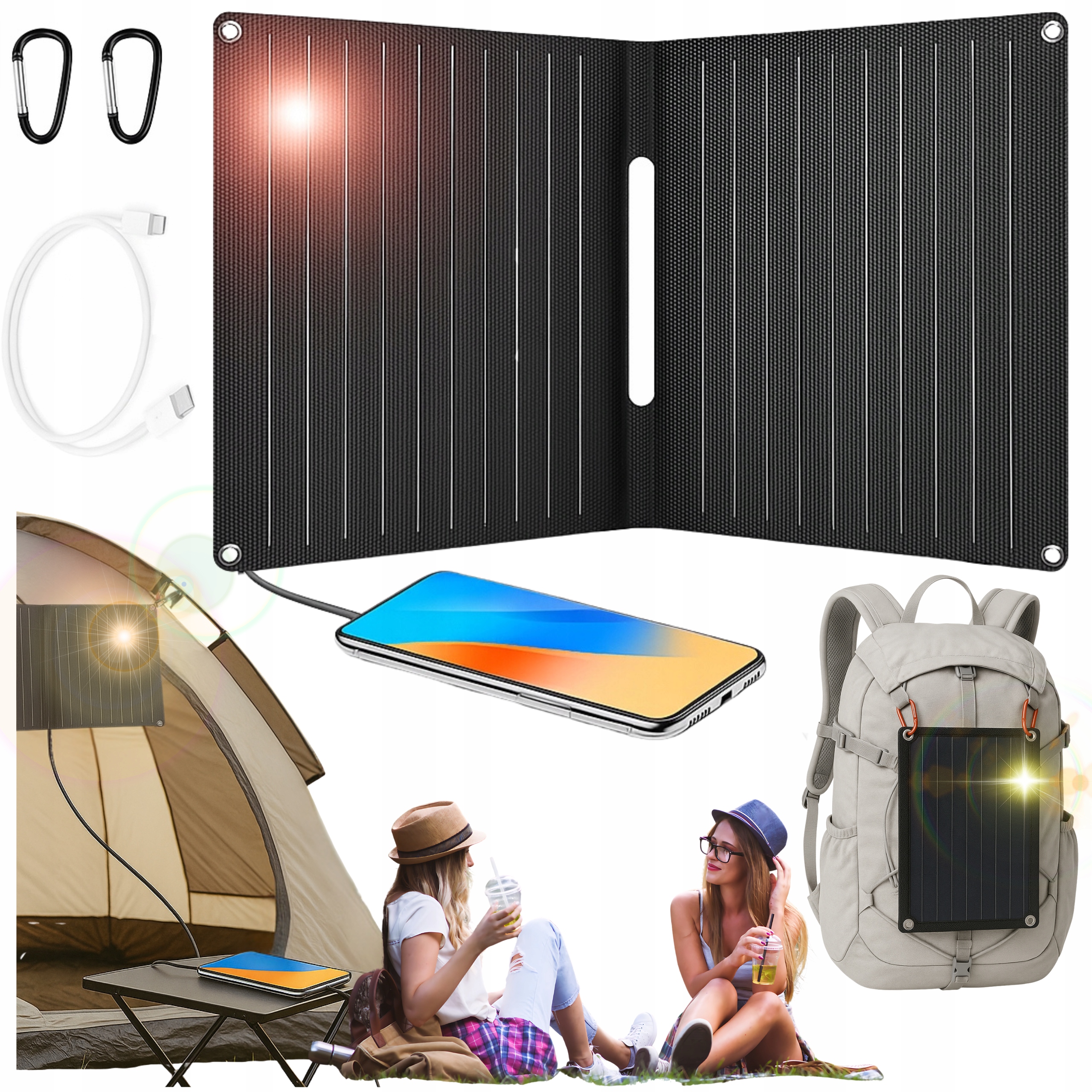 Ładowarka Solarna Do Telefonu 15W Panel Słoneczny Turystyczny Składany Usbc