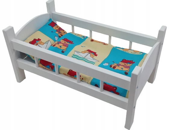 ŁÓŻECZKO DLA LALEK BIAŁE DREWNIANE + POŚCIEL