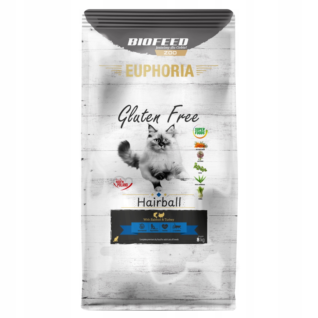 Biofeed Euphoria Gluten Free Hairball 8kg Suché Krmivo Pro Kočky Krůta losos