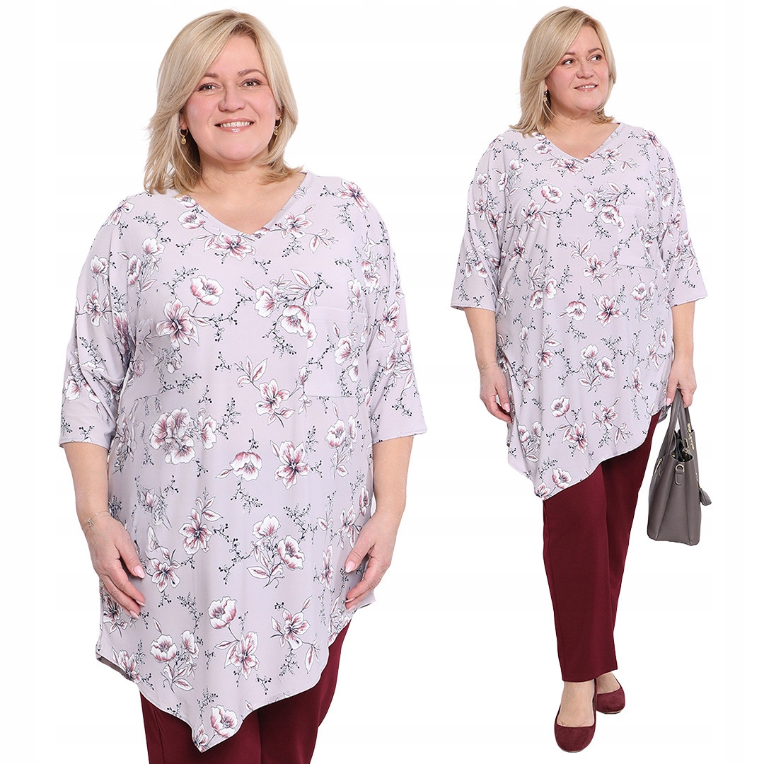 Světle šedá tunika s květinami 60/62