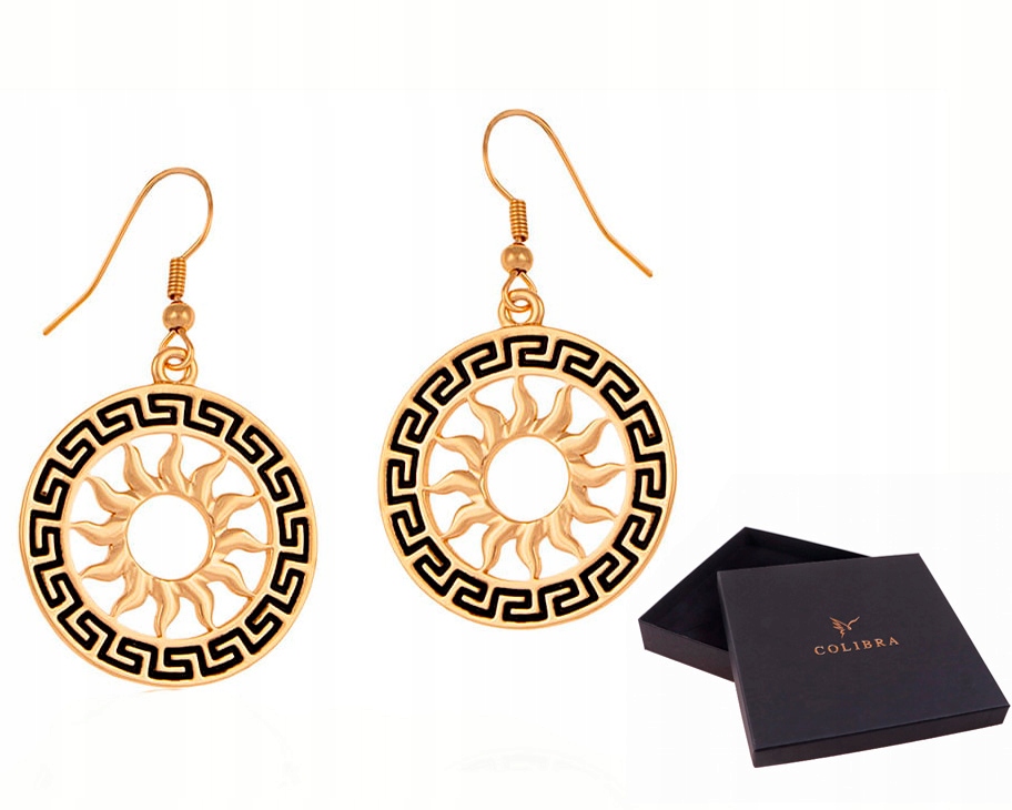 Náušnice se sluncem Helios zlatá kolečka s řeckou černou silnicí, velké