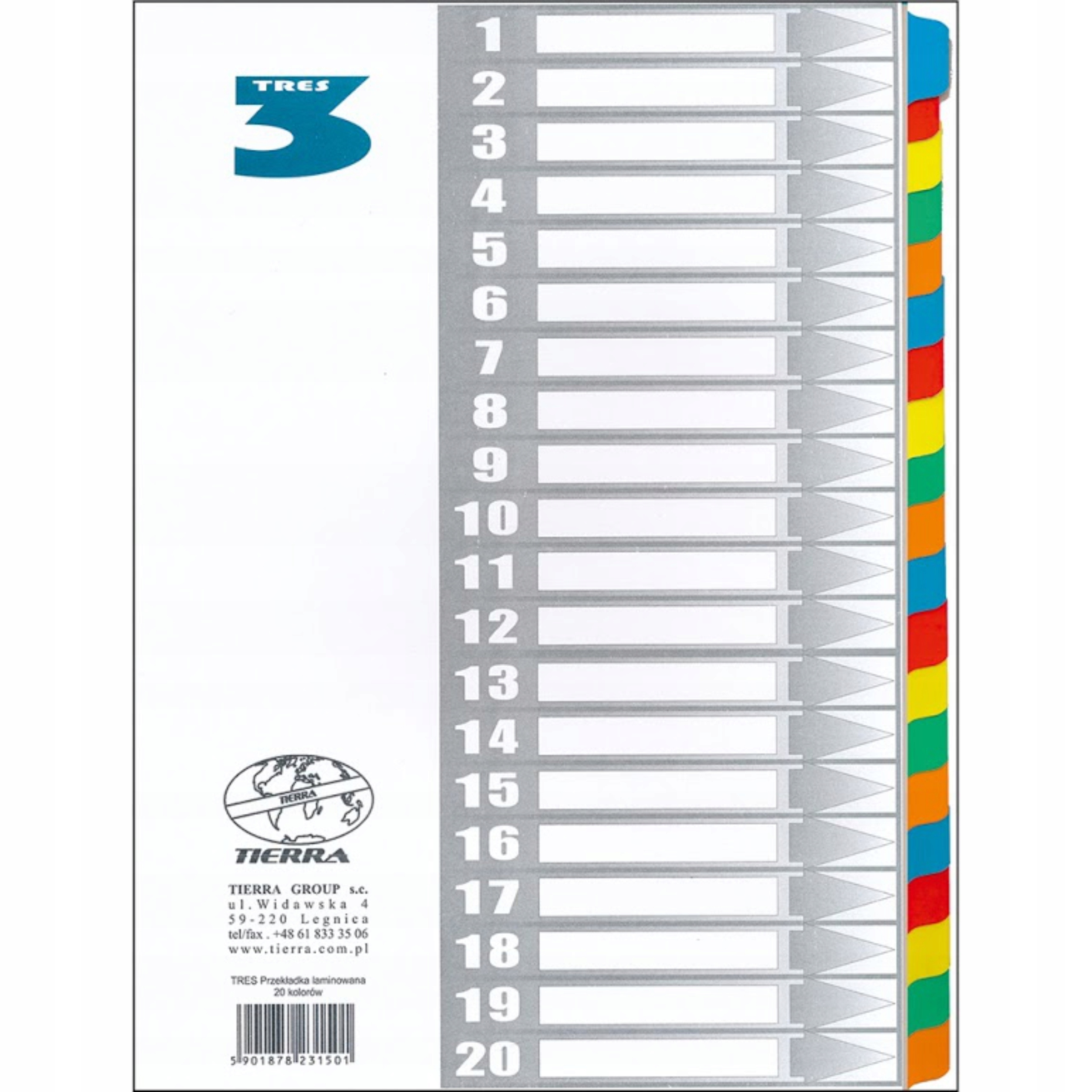 Przekładki do segregatora A4 laminowane indeksujące 5 kolorów 1 do 20