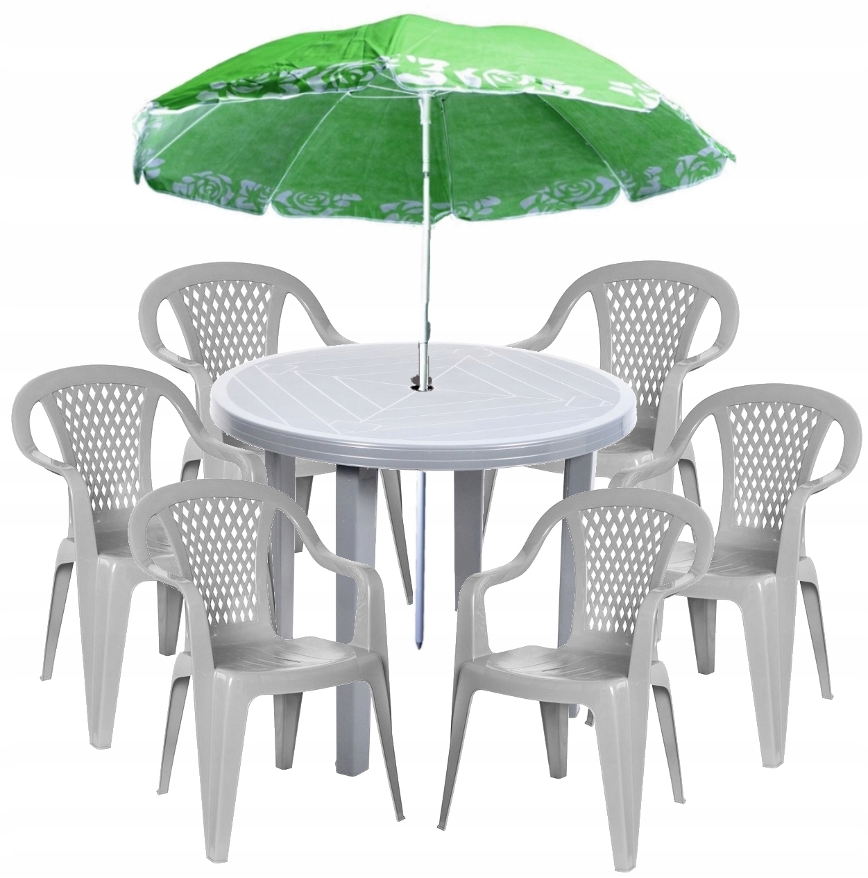 Szary Zestaw 6+1 Stół Krzesła Parasol Plastik