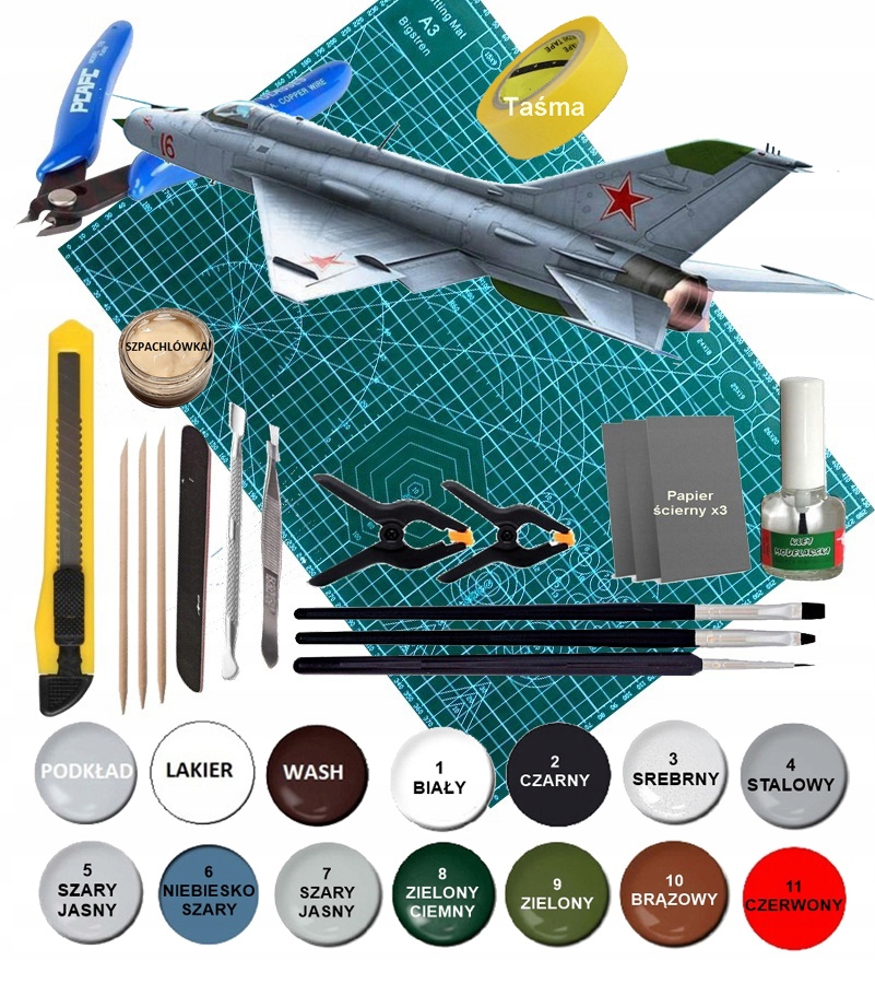 Model plastikowy samolotu MiG-21PF Fishbed-D mata, farby, klej, pędzle