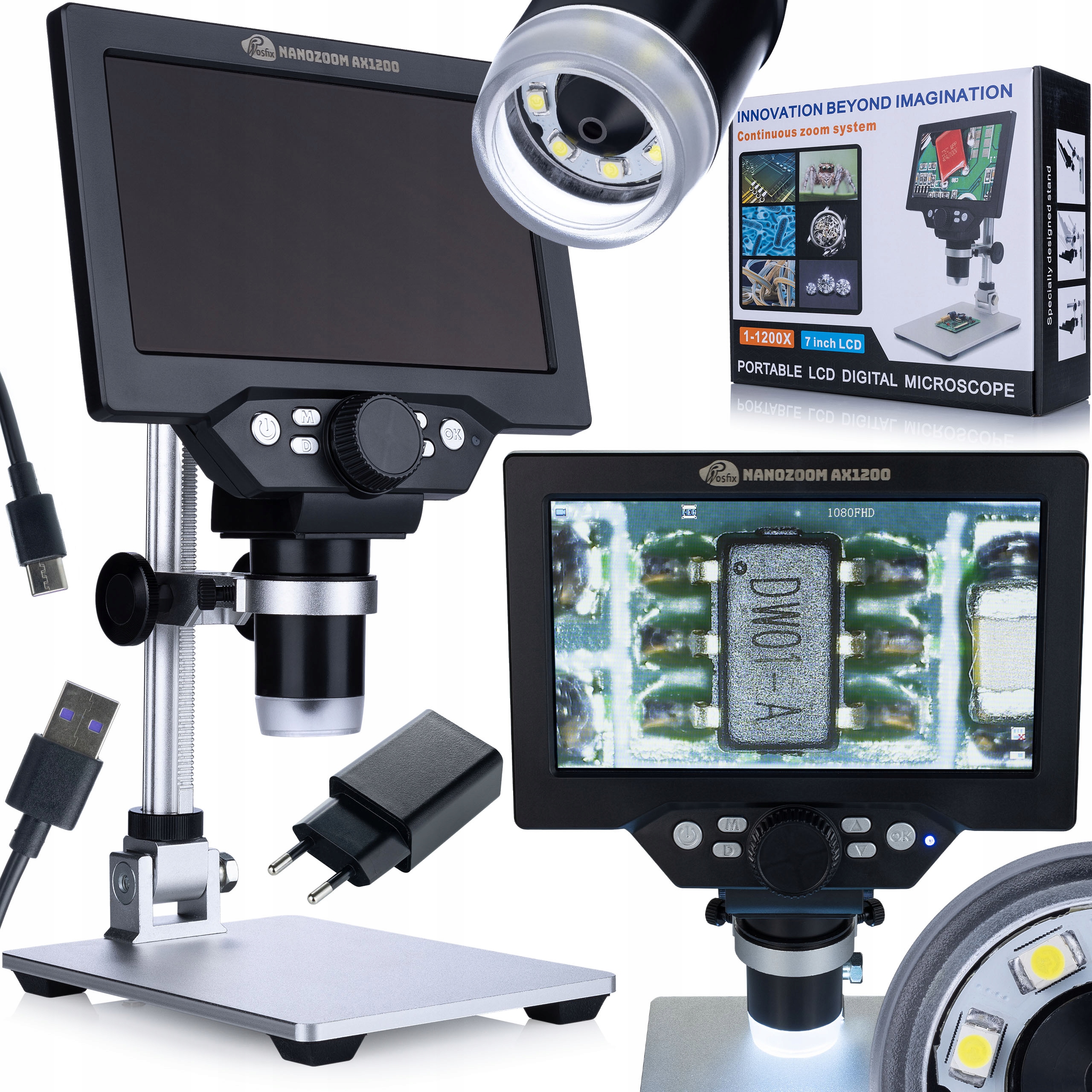 Mikroskop Cyfrowy Rosfix Nanozoom AX1200 7" LCD 12MP 1080P 1200X Led Usb