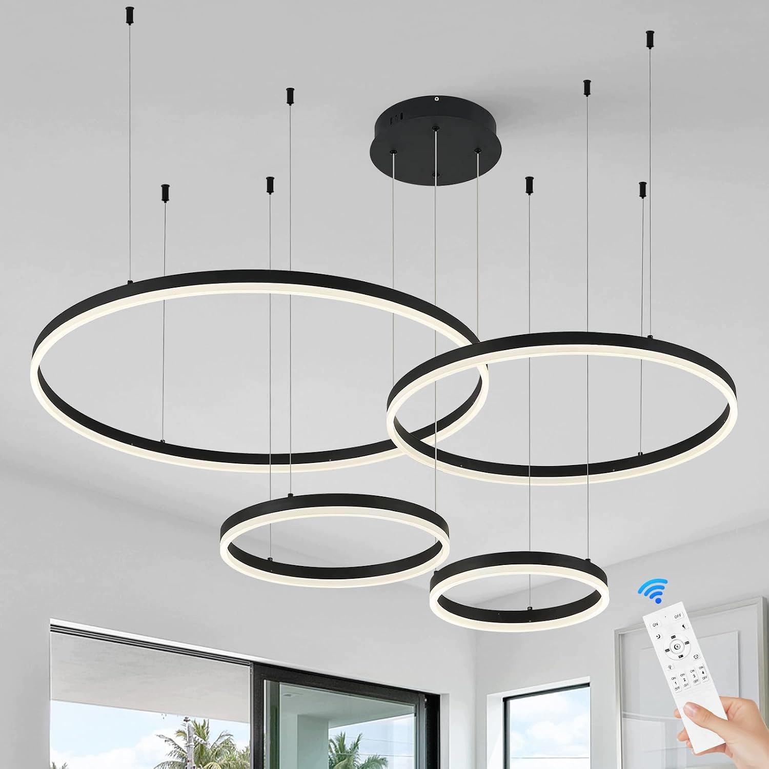 Moderní závěsná Led lampa Catiner Černá 4 kruhy Ovladač 3000K – 6500K