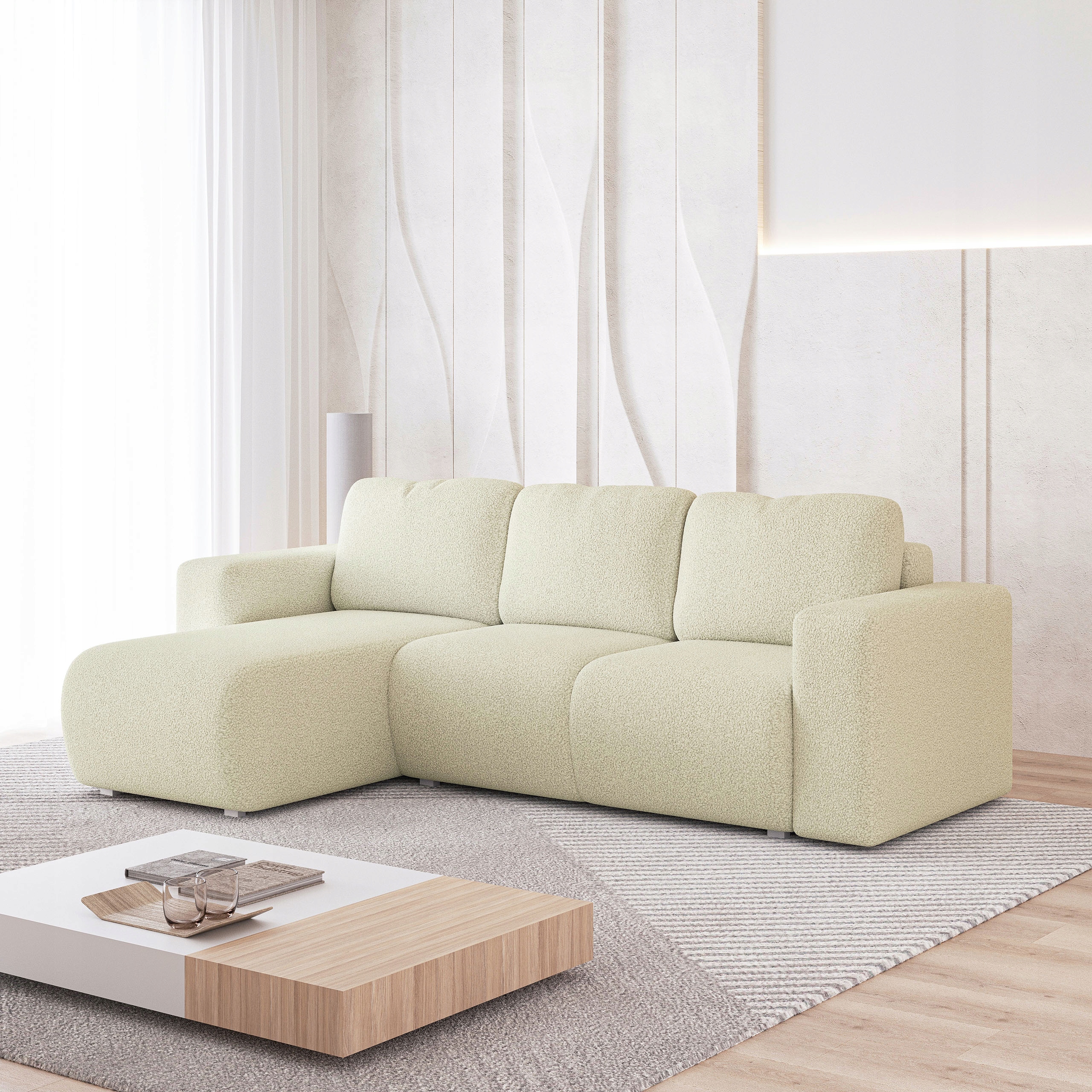 Rohová Sedací Souprava Rinova Funkce Spaní Klasický Boucle Beránek Krémový