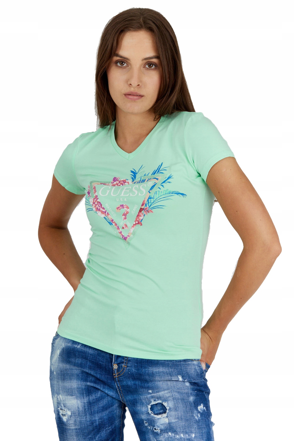 

Guess Zielony t-shirt damski z logo z liśćmi M