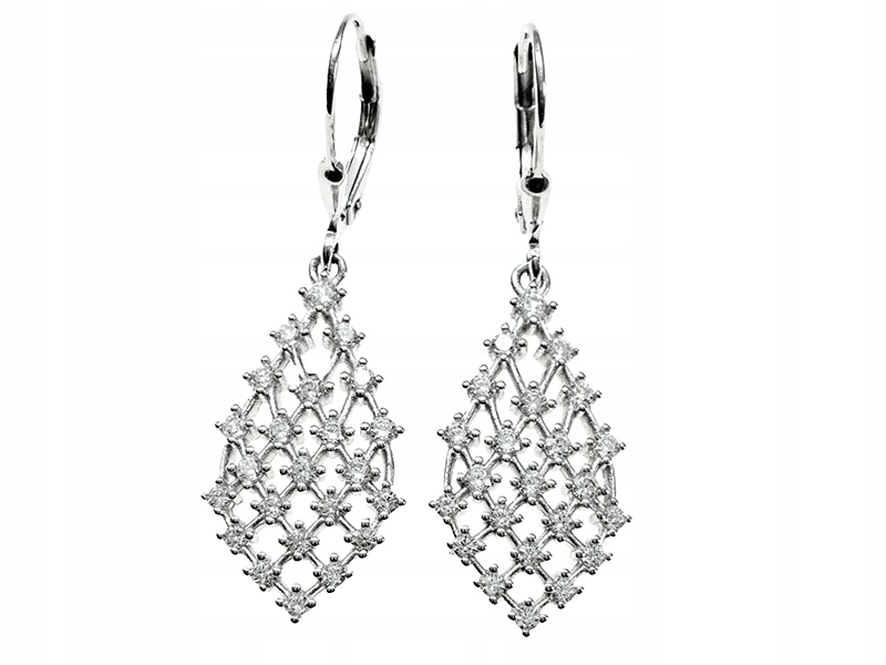 Závěsné stříbrné náušnice 925 s bílými zirkony, dlouhé anglické kosočtverce